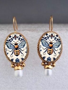 Gold Bee Motif Drop Earrings with Pearl Accent - Blue & Cream